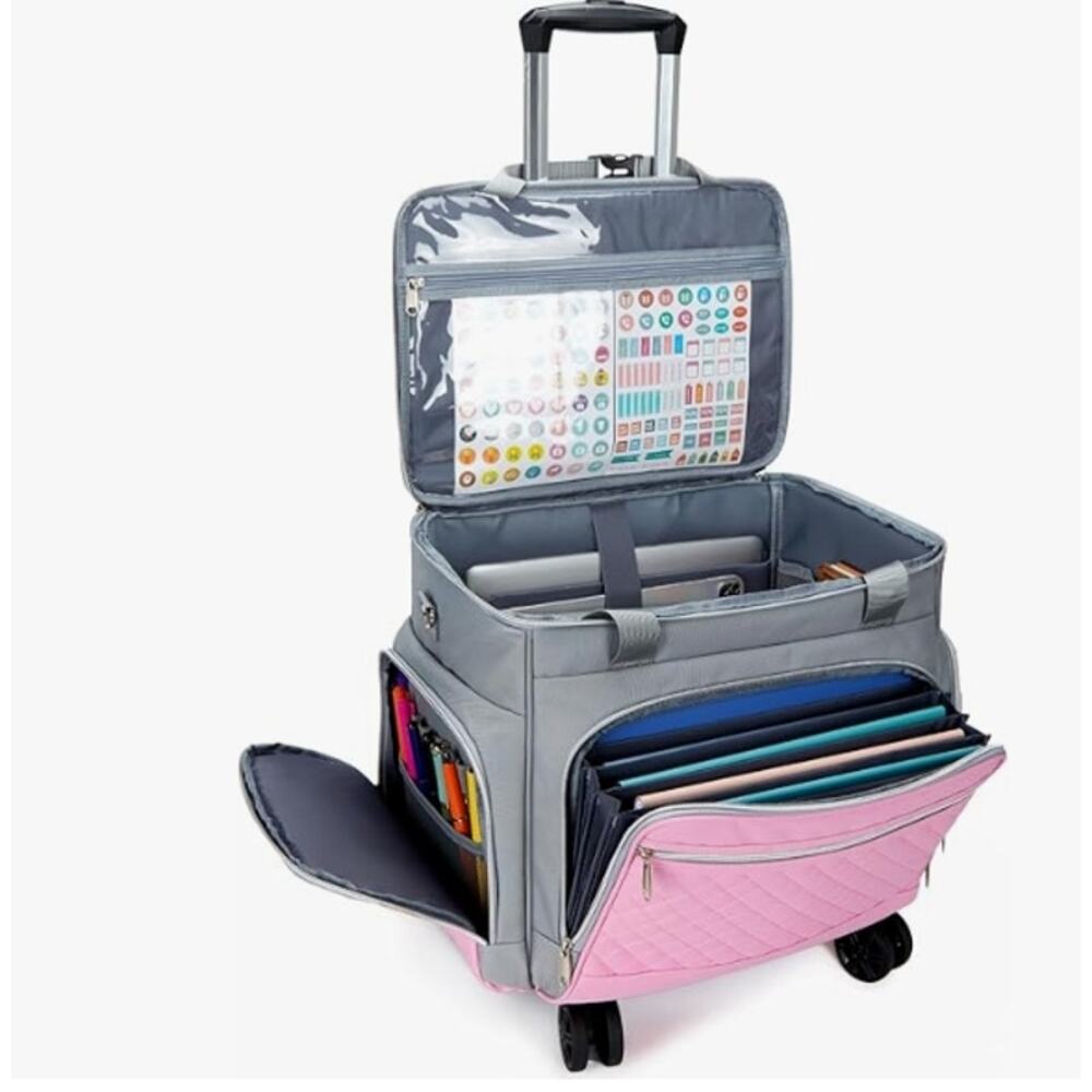 Amythe Rolling Teacher Tote Bag Wheels Laptop Briefcase Pink Gray